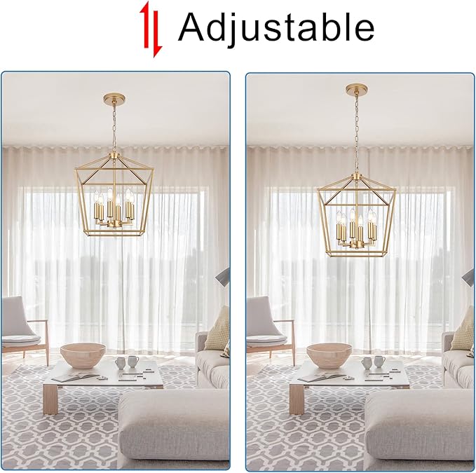 MELUCEE 16-inch Wide Farmhouse Chandelier Gold, 6-Light Vintage Openwork Cage Pendant Lighting Lantern Hanging Ceiling Light, Ideal for Kitchen Island Dining Areas Foyer, E12 Base