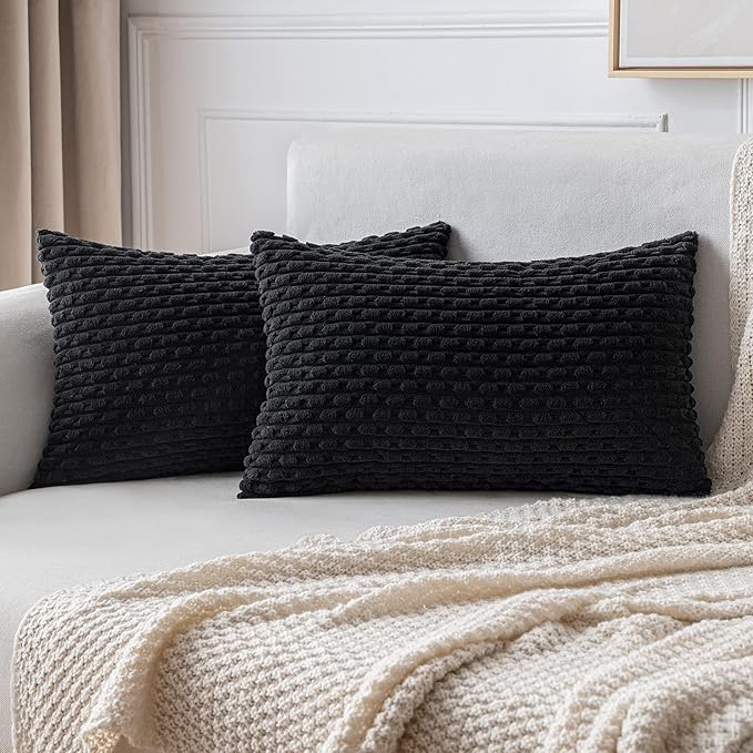 MIULEE Pack of 2 Decorative Lumbar Throw Pillow Covers 12x20 Inch Soft Boho Striped Textured Corduroy Pillow Covers Modern Farmhouse Home Decor for Couch Bed Sofa Living Room Black