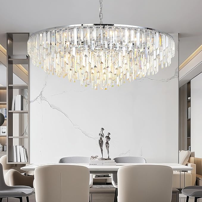 Chrome Crystal Chandelier for Dining Room, 40" Modern Round Luxury Chandeliers 7-Tier 17 Lights Large Adjustable Height Ceiling Hanging Pendant Light Fixture for Living Room Bedroom Foyer