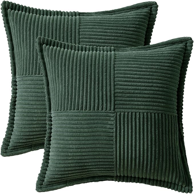 MIULEE Christmas Decorative Throw Pillow Covers for Couch Bed Livingroom 16x16 Inch Set of 2 Dark Green Boho Accent Throw Pllows Broadside Striped Patchwork Soft Corduroy Pillowcases