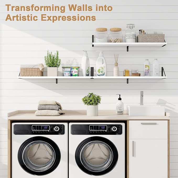 Fun Memories Floating Shelves for Wall, 36 Inches Long Set of 3 Wall Shelves for Bedroom, Floating Bookshelves with Metal Brackets for Living Room, Kitchen, Bedroom and Laundry Room (White)