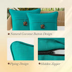 Outdoor Decorative Pillows with Coconut Button Pack of 4, 16" x 16" Outdoor Pillow Set for Couch Bed Throw Patio Sofa, Peacock Blue