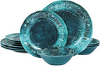 Melamine Dinnerware Sets, Melamine Plates and Bowls Set for 4, Best for Indoor and Outdoor Dining Party, Dishwasher Safe, Volcanic Pattern, Amber Green