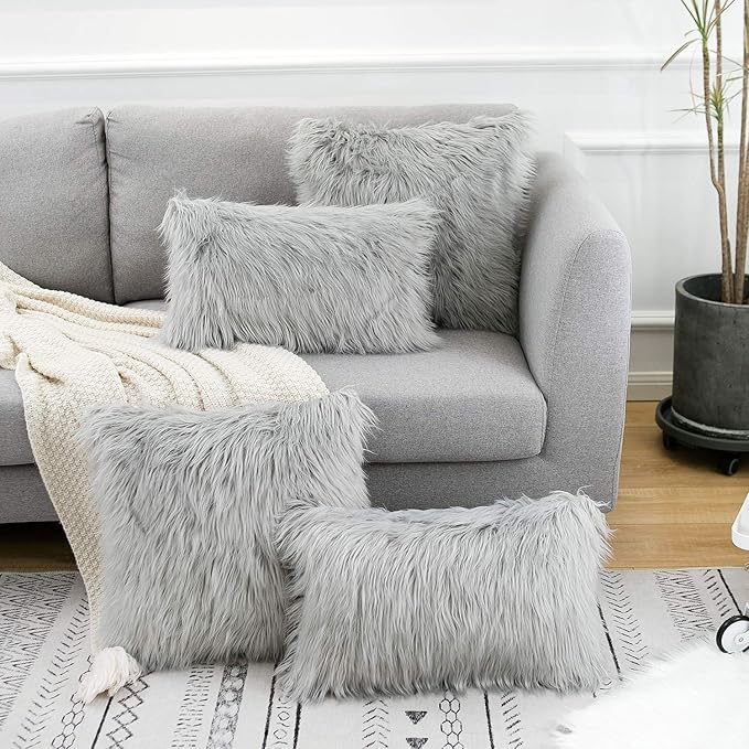 WLNUI Set of 2 Light Grey Christmas Decorative Lumbar Pillow Covers New Luxury Series Merino Style Faux Fur Fluffy Throw Pillow Covers Fuzzy Cushion Case for Sofa Bedroom Home Decor 12x20 Inch