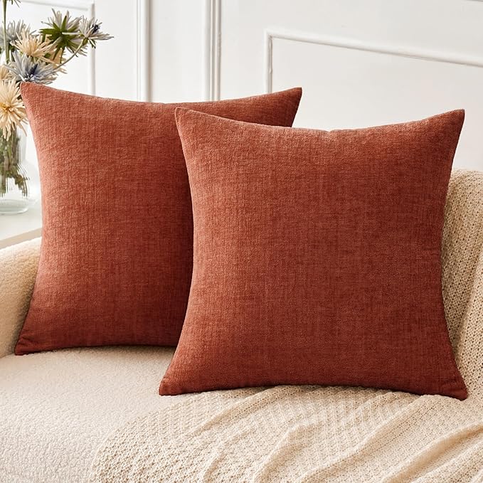 MIULEE Fall Pack of 2 Couch Throw Pillow Covers 20x20 Inch Soft Burnt Orange Chenille Pillow Covers for Sofa Living Room Solid Dyed Pillow Cases