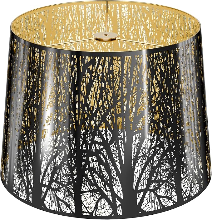 ALUCSET Stainless Steel Large Lampshade, Drum Lamp Shade 11" Top x 13" Bottom x 10" High for Table Floor Lamps, Black Polished Gold-plated Etched Forest Replacement Shade, Spider Fitter