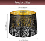 ALUCSET Metal Large Lampshade, Drum Lamp Shade 14" Top x 16" Bottom x 11" High, Lamp Shades for Table and Floor Lamps, Black Gold Finished Etched Forest Replacement Shade, Spider Fitter