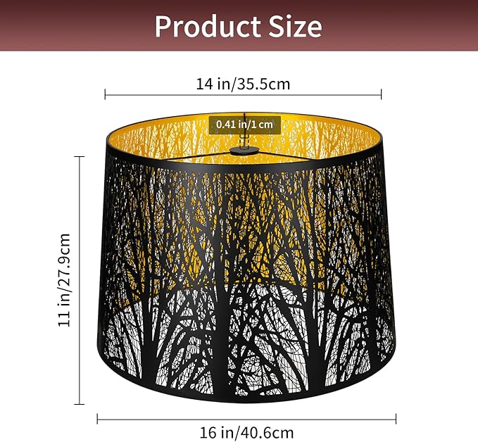 ALUCSET Metal Large Lampshade, Drum Lamp Shade 14" Top x 16" Bottom x 11" High, Lamp Shades for Table and Floor Lamps, Black Gold Finished Etched Forest Replacement Shade, Spider Fitter