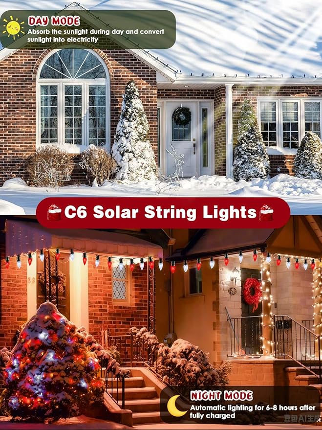 C6 Solar Christmas Lights Outdoor, 100 LED 33FT Christmas Decorations Outdoor Waterproof, Solar String Lights for Outside with 8 Modes, Fairy Twinkle Light for Tree Garden Yard Decor (Red and White)