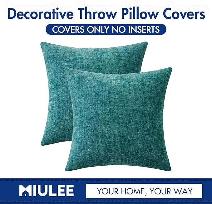MIULEE Pack of 2 Couch Throw Pillow Covers 24x24 Inch Soft Teal Chenille Pillow Covers for Sofa Living Room Solid Dyed Pillow Cases