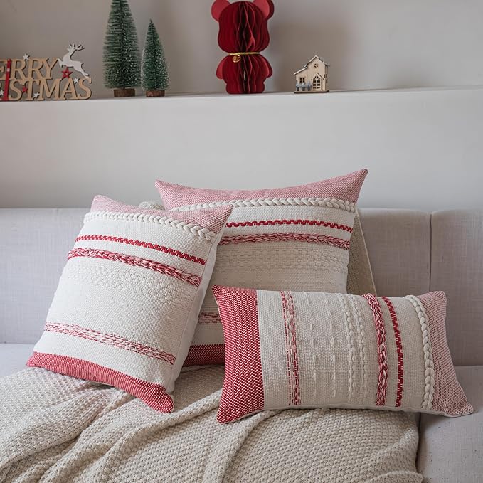 Christmas Pillow Covers 18x18 Inch Set of 2, Red Textured Boho Christmas Decorative Couch Pillow Cases for Farmhouse Home Decor, Accent Cushion Cover for Sofa, Bed, Living Room, Bedroom