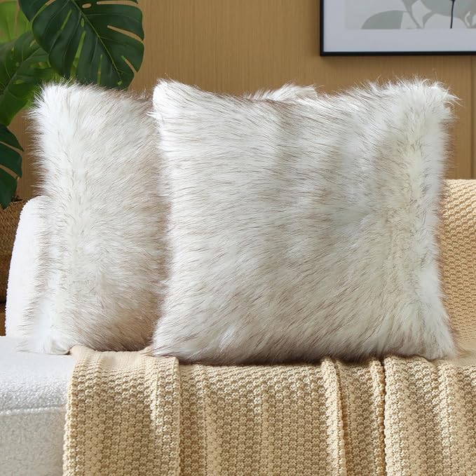 FUTEI Coffee White Decorative Throw Pillow Covers 22x22 Inch Set of 2,Soft Fluffy Faux Fox Fur Textured Cushion Case,Modern Home Decor for Couch Living Room