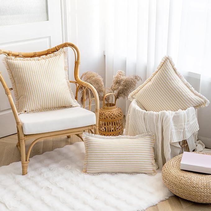 Throw Pillow Covers 12x20 Set of 2 Striped Fringe Pillow Cover Farmhouse Cushion Covers with Tassel Neutral Boho Pillows Decorative Square Pillowcase for Couch Sofa Bed, Yellow