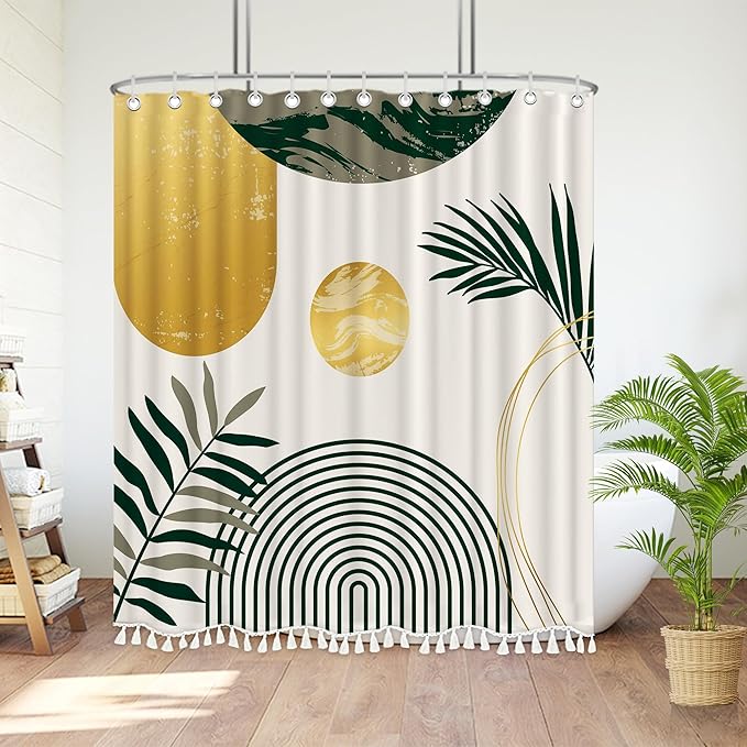 Boho Mid Century Leaf Shower Curtain Set,Arch Sun Design,Minimalistic Leaves Pattern,Waterproof and Luxurious Fabric-12 Hooks(Sage Green-72" x 78")