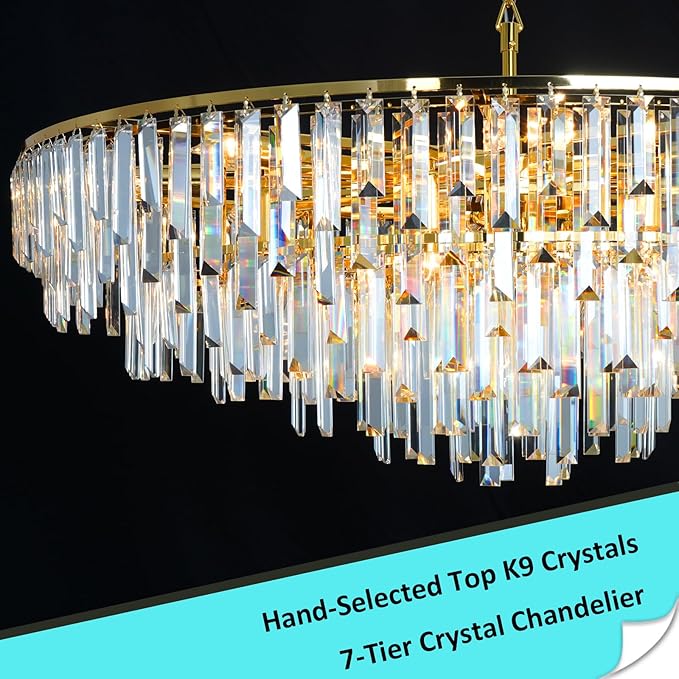 Gold Crystal Chandelier for Dining Room, 40" Modern Round Luxury Chandeliers 7-Tier 17 Lights Large Adjustable Height Ceiling Hanging Pendant Light Fixture for Living Room Bedroom Foyer