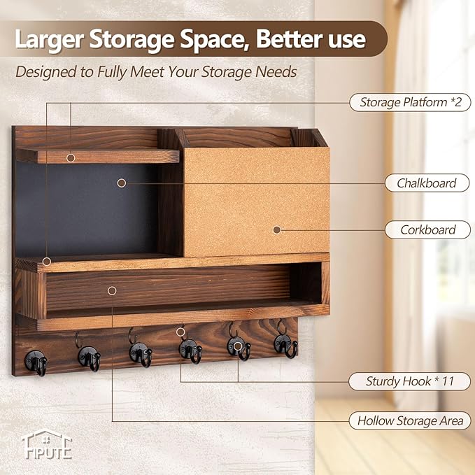 Key Holder for Wall Mount with Mail Organizer, Farmhouse Key Holder for Wall with Shelf, Chalkboard&Corkboard, Entryway Organizer 11 Metal Hooks, Decorative Natural Pine Wood, 14.6*11.1*3.3”, B-Brown