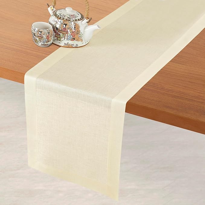 D'Moksha Homes Linen Cream Table Runner 90 Inches Long - 100% Pure Linen 14 x 90 Inch Table Runner for Dining, Fall, Autumn and Halloween - Machine Washable