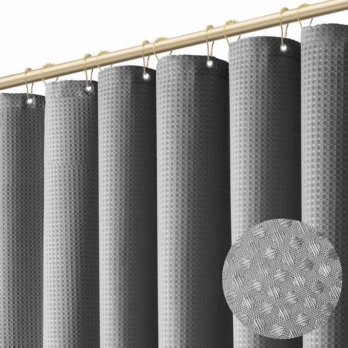 Boho Shower Curtain Set, Waterproof Fabric Shower Curtains, Luxury Hotel Style, Waffle Texture, Heavy Duty, Extra Long Bath Curtain, No Hook, Bathroom Decor, 72x78 Inch, Grey