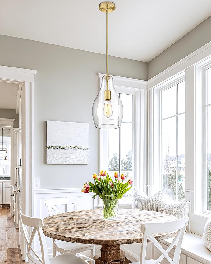Gold Pendant Lights Kitchen Island, 8" Large Hanging Light Fixtures with Clear Glass Shade, Modern Brass Kitchen Pendant Lighting Over Island for Dining Room, AD-25045-1PB-GD