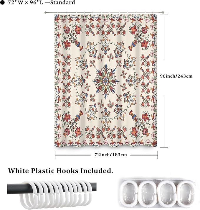 Boho Shower Curtain Floral Pattern Fabric Curtain for Bathroom Plant Theme Religion Floral Shower Curtain Sets Waterproof Decor 72x96Inch
