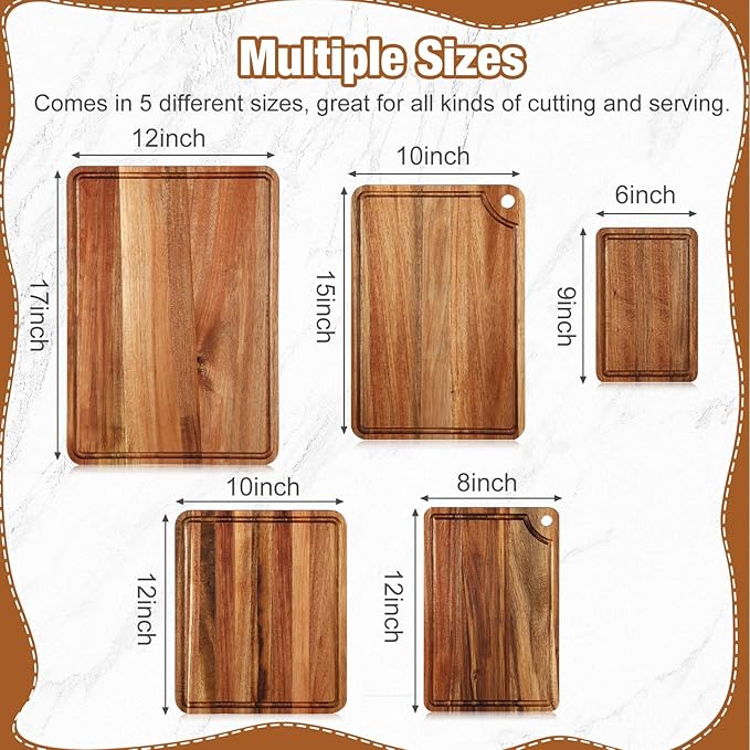 Yungyan Acacia Wood Cutting Boards for Kitchen Set of 5 Large Thick Chopping Board with Juice Groove Cheese Charcuterie Tray Butcher Wooden Block Trays for Meat Fruits Vegetables, 5 Sizes