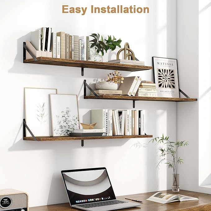Fun Memories Long Wall Shelves for Bedroom, Set of 3 Large 40-Inch Floating Bookshelves, Rustic Wood Display Shelf for Home and Office (Rustic Brown)