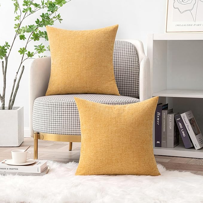 MIULEE Pack of 2 Couch Throw Pillow Covers 16x16 Inch Soft Beige Yellow Chenille Pillow Covers for Sofa Living Room Solid Dyed Pillow Cases