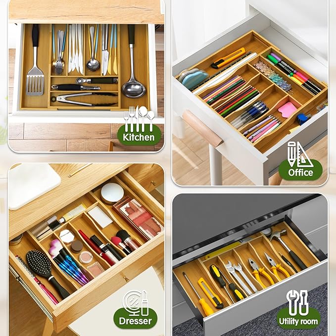 Bamboo Kitchen Drawer Organizer, Expandable Cutlery Tray Utensil Organizer with Grooved Silverware Drawer for Flatware Silverware in Kitchen 8 Slot, Natural, 11.6"-18.9"W, 14.96"H, 1.97"D