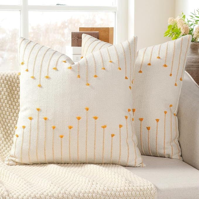 Boho Throw Pillow Covers 18x18 Set of 2 Neutral Woven Decorative Pillowcases Cotton Tufted Couch Pillows Modern Farmhouse Accent Cushion Covers for Sofa Couch Bed Living Room Home Decor, Golden Yellow