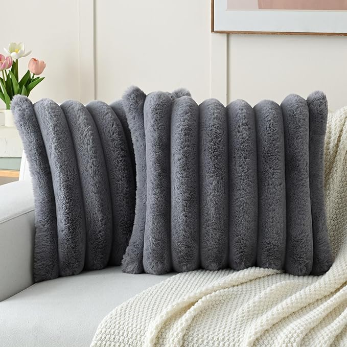 FUTEI Grey Decorative Throw Pillow Covers 18x18 Inch Set of 2, Square Soft Faux Rabbit Fur Big Striped Cushion Cover,Home Decor for Couch Sofa Bed Living Room