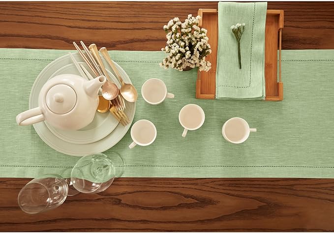 Solino Home Linen Table Runner 108 Inches Long - Milan Hemstitch 100% Pure Linen Pistachio Dining Table Runner 14 x 108 Inch - Holiday