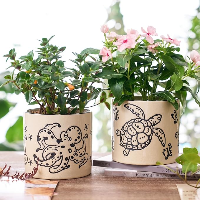 5 Inch Ceramic Plant Pots with Drainage Holes, Small Round Flower Pots for Indoor Plant, Unique Animal Flower Planters (Octopus)