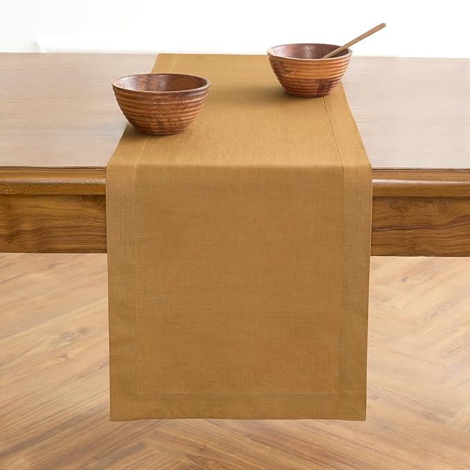 Solino Home Linen Caramel Table Runner 144 Inches Long - 100% Pure Linen Extra Long Table Runner 14 x 144 Inch for Fall, Autumn, Thanksgiving - Fete