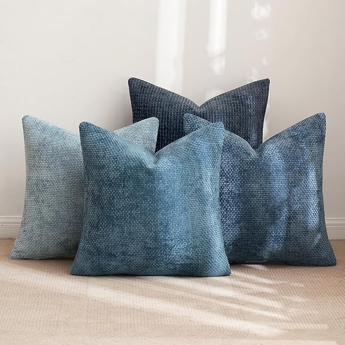 MIULEE Pack of 4 Couch Throw Pillow Covers 18x18 Inch Neutral Blue Soft Decorative Chenille Pillow Covers Farmhouse Accent Cushion Covers for Boho Western Home Coastal Decor Sofa Bedroom Living Room