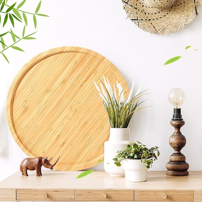 Meanplan 3 Pcs Round Wood Trays Round Charcuterie Board Bulk Bamboo Serving Platter with Rim Polished Wooden Vegetable Platter for Holding Fruit Bread Pizza Party Decor Christmas Supplies (13.8 Inch)