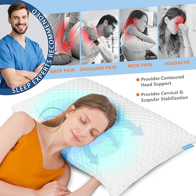 Cooling Pillows Standard Size Set of 2, Memory Foam Pillows with Zipper, Firm Bed Pillows Adjustable for Hot Side Back Stomach Sleepers