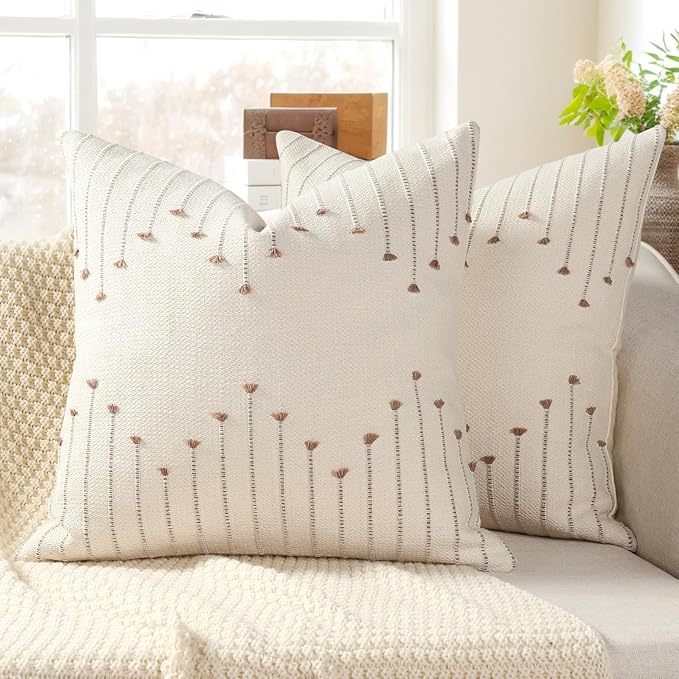 YCOLL Boho Throw Pillow Covers 20x20 Set of 2 Neutral Woven Decorative Pillowcases Cotton Tufted Couch Pillows Modern Farmhouse Accent Cushion Covers for Sofa Couch Bed Living Room Home Decor, Khaki