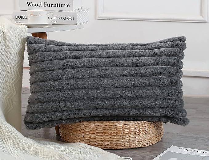 PANOD Faux Fur Decorative Lumbar Throw Pillow Covers 12 x 24,Long Boho Lumbar Pillow Covers Pillow Case Cushion Case for Couch Bed Sofa Farmhouse Livingroom,Grey