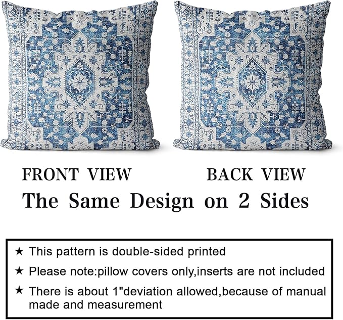 Snycler Boho Throw Pillow Covers 22x22 inch Set of 2 Blue Boho Rug Carpet Double Sided Pattern Cotton Soft Pillow Case Cushion Cover Pillowcase for Couch Sofa Bed Decorative