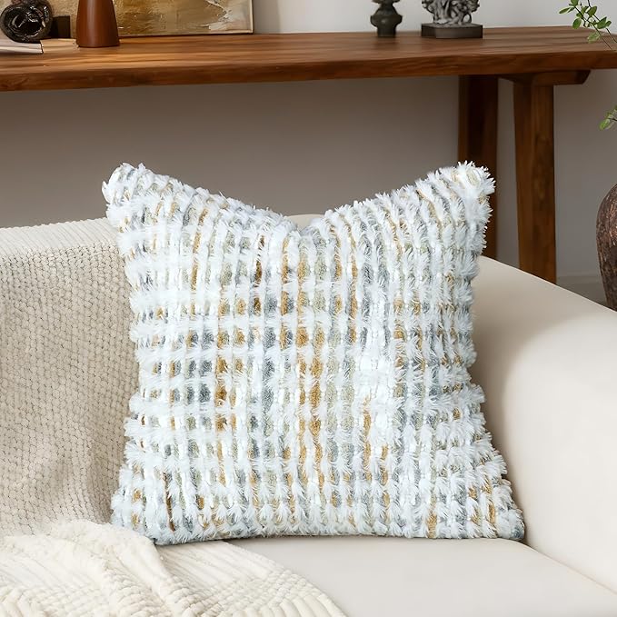 Boho Chenille Tufted Pillow Cover 20x20 Inch Set of 1, Farmhouse Striped Decorative Pillow Covers Accent Fluffy Neutral Square Pillowcases for Couch Sofa Bedroom Living Room, Gray Khaki