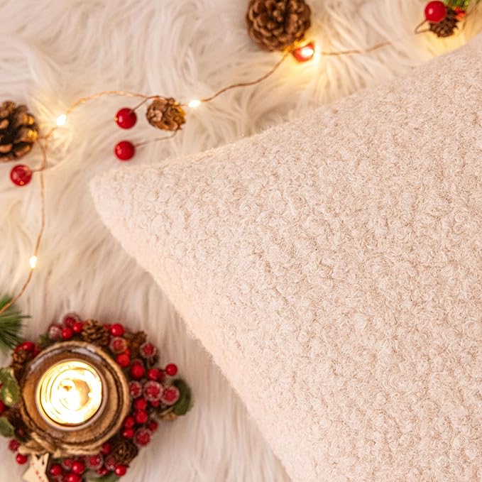 AQOTHES Beige Winter Throw Pillow Covers 18x18 Inch Set of 2, Boucle Faux Fur Pillow Covers,Cozy Fluffy Home Living Room Farmhouse Decor for Sofa Couch Bed