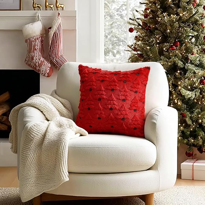 MIULEE Christmas Tree Decorative Pillow Covers Faux Fur Wool Throw Pillows Soft Plush Cushion Covers Set of 2 Xmas Home Decor Winter Holiday for Sofa Couch Livingroom Bed 18x18 Inch Red