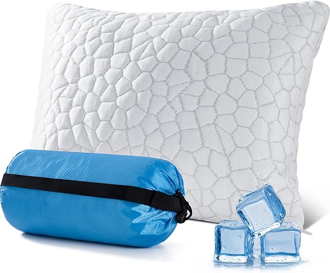 QUTOOL Small Travel Pillows for Sleeping, Cooling Memory Foam Camping Pillow, Backpacking for Hiking Gear, Portable Pillow with Travel Storage Bag, Camping Essentials for Adults Kids