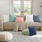 decorUhome Faux Fur Throw Pillow Covers 18x18 Set of 2, Decorative Soft Plush Striped Neutral Couch Euro Pillow Covers with Velvet Back for Sofa, Bed, Living Room Home Decor, Aqua
