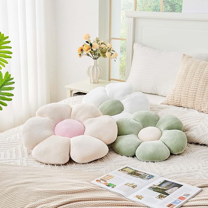Sage Green Flower Pillow, 19.6" Cute Flower Shaped Floor Pillow, Aesthetic Floral Plush Daisy Decorative Throw Pillows for Bed Sofa Couch