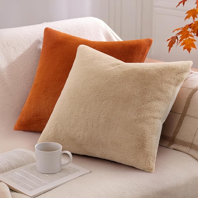 Pallene Faux Fur Plush Fall Throw Pillow Covers 20x20 Set of 2, Soft Fluffy Couch Pillow Covers for Living Room, Rust