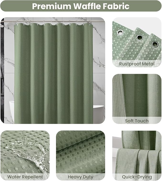 Inhousolu Fabric Shower Curtain Waffle Weave, Sage Green 230 GSM Heavy Duty, Weighted Hem, 14 Metal Hooks, Water Repellent, Machine Washable, Hotel Spa Luxury Bath Curtain Set, 72 x 84 Inch