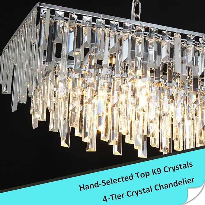 Rectangle Chandeliers for Dining Room, 40" Chrome Modern Top K9 Rectangle Crystal Chandelier 12 Lights Rectangular Adjustable Pendant Ceiling Light Fixture for Dining Room Kitchen Island