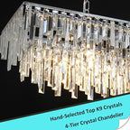 Rectangle Chandeliers for Dining Room Chrome, 32" Modern Rectangular Crystal Chandelier 10 Lights Top K9 Linear Ceiling Pendant Light Fixture for Dining Room Kitchen Table Living Room