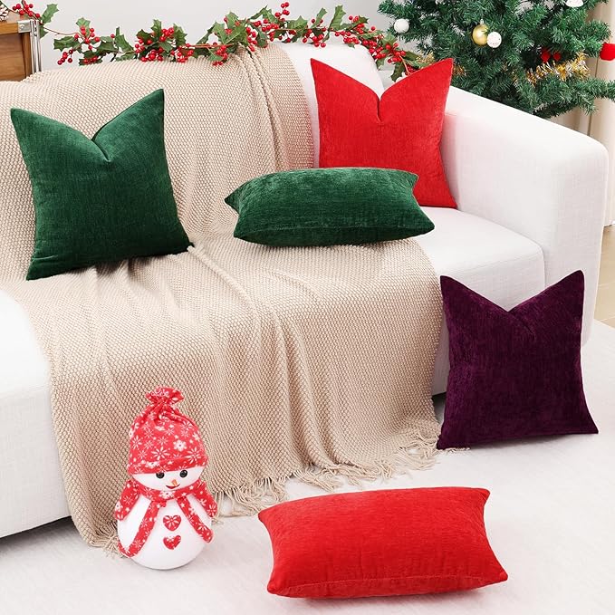 decorUhome Chenille Red Throw Pillow Covers 20x20 Inch Set of 2, Decorative Soft Couch Pillow Covers Solid Dyed Accent Velvet Farmhouse Neutral Square Christmas Pillow Cases for Sofa Bed Living Room